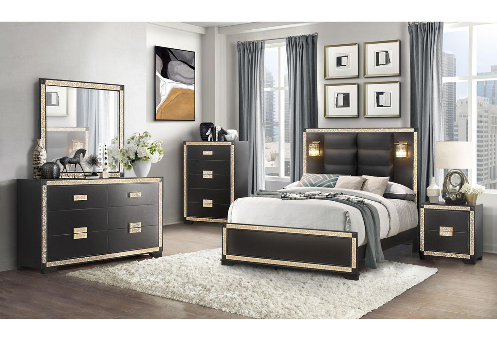 BLAKE BLACK/GOLD KING BED GROUP WITH LAMPS - Brockton Furniture (Brockton, MA)