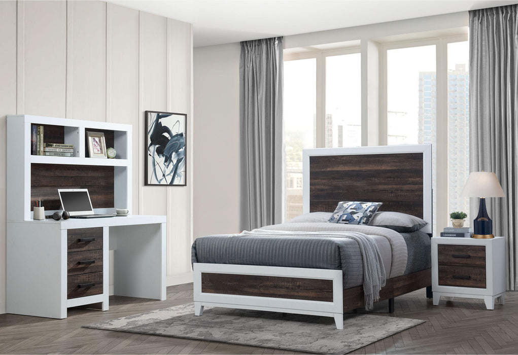 LISBON OAK/WHITE TWIN BED, DRESSER, MIRROR AND NIGHTSTAND